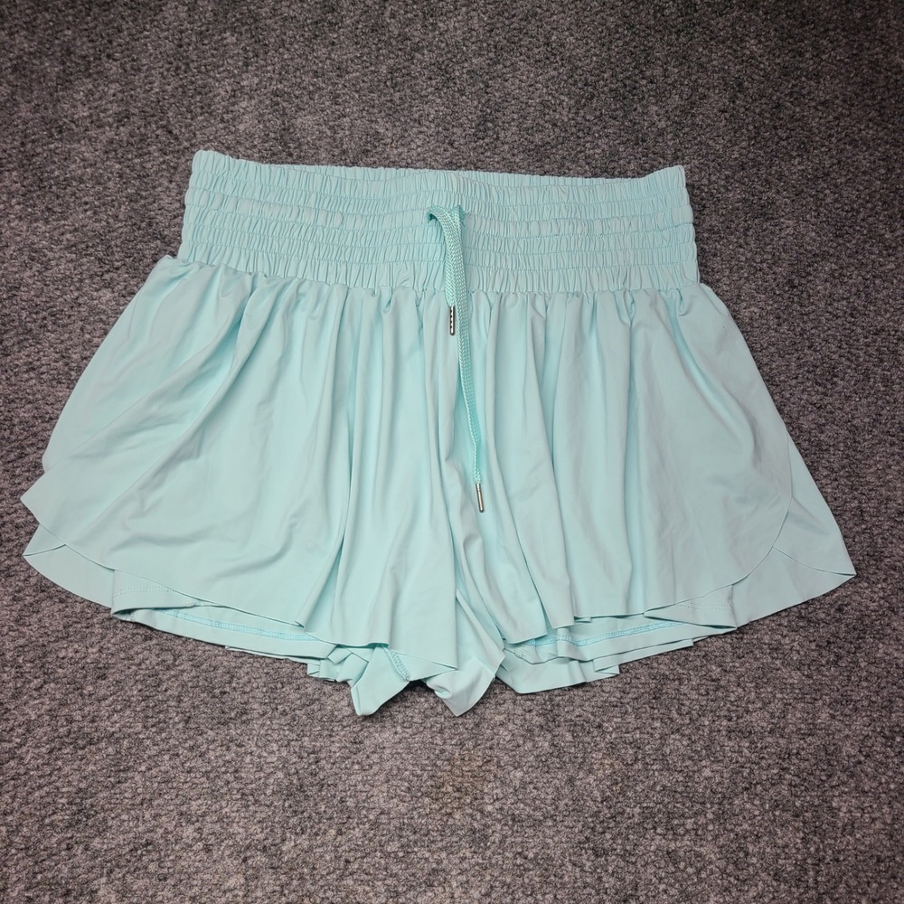 Light Blue Flowy Athletic Shorts plus XXL Smocked High Waist 2-in-1 Skort Style